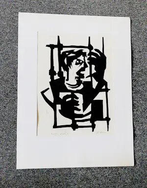 Jelle Otter - Groninger kunstenaar en graficus - linosnede "gevangen" - eigen druk - oplage 10 kopen? Bied vanaf 38!