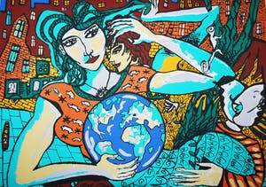 Fabrice Hund - Straatscene met vrouw en wereldbol - zeefdruk kopen? Bied vanaf 35!