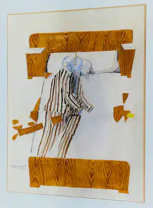 Jaap van der Pol - grote -1972- surrealistische gem.techniek "Motel" in originele lijst verkauft für € 75!