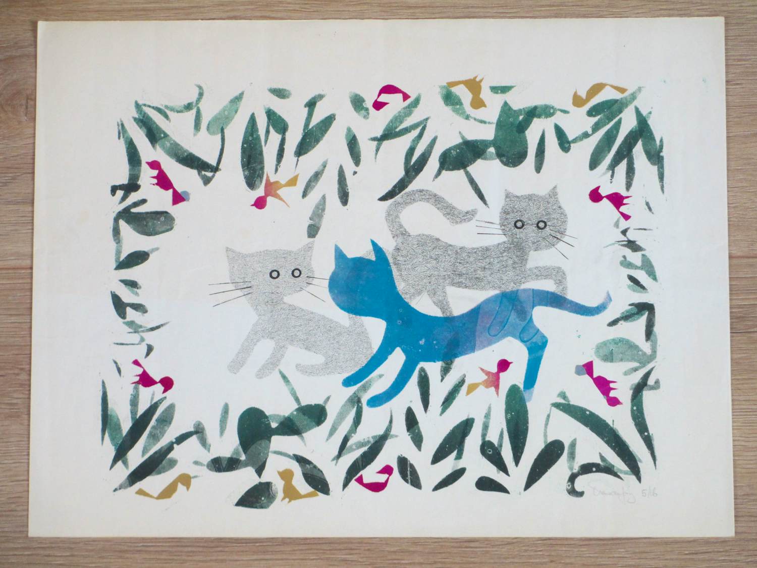 Frans de Jong - Drie katten - Sjabloondruk verkocht voor € 40!