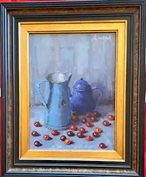 Victor Dooms - Stilleven met blauwe kannen en krieken verkauft für € 160!