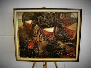 Niet of onleesbaar gesigneerd - Omstr. 1930 geschilderd olieverf "jongens op Scheepswerf" gesigneerd "Schram" kopen? Bied vanaf 1!