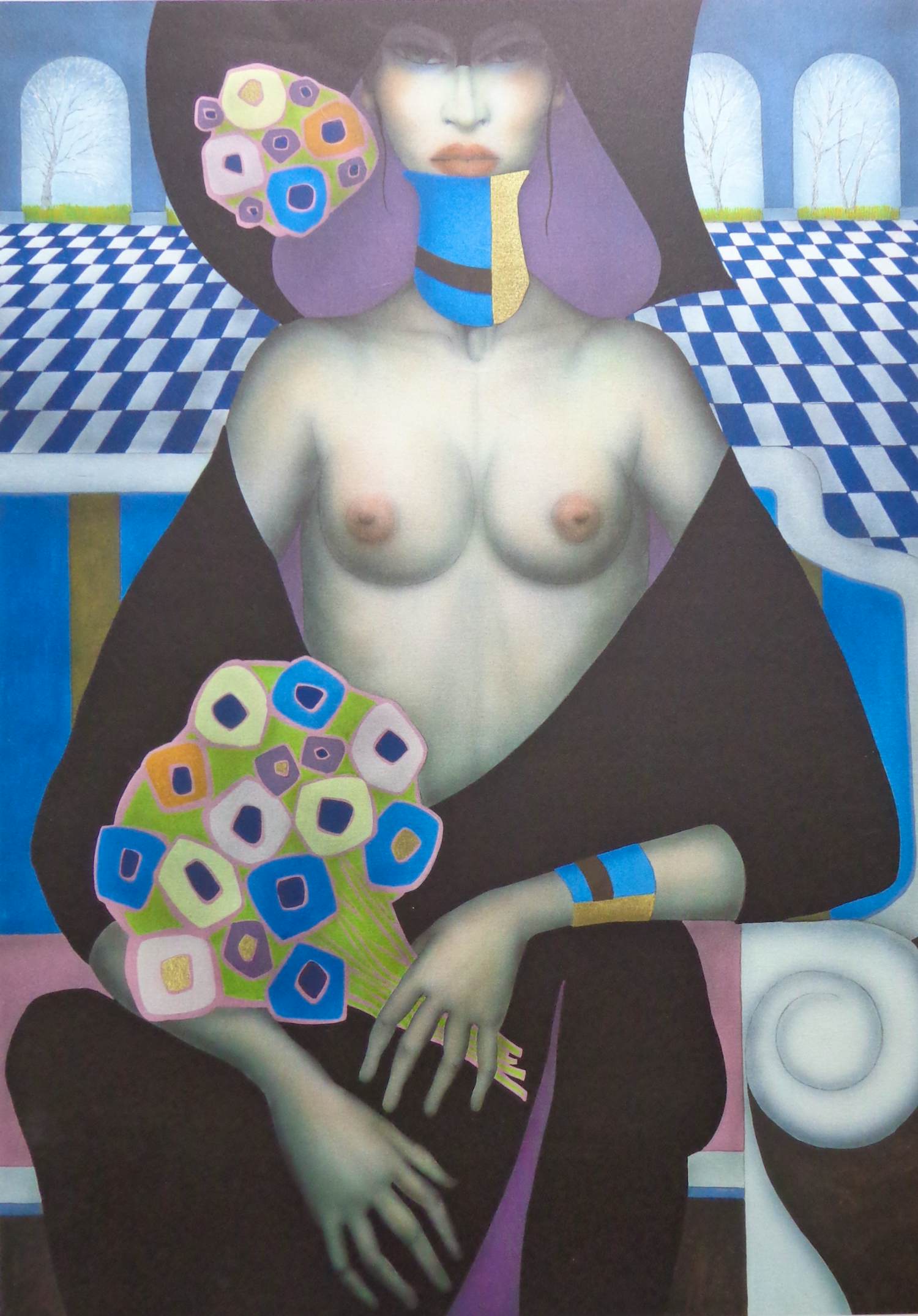 Jef van Tuerenhout - HALFNAAKTE VROUW / KLEURZEEFDRUK / 80x60cm / SIG verkocht voor € 90!