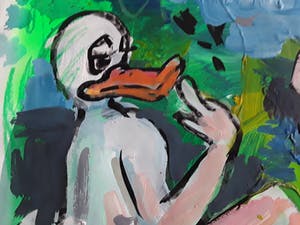 Peter Klashorst - Vrouw met duck kopen? Bied vanaf 145!