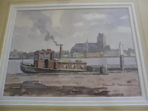 Clement Bezemer - Aquarel, zicht over rivier op onbekende stad kopen? Bied vanaf 35!