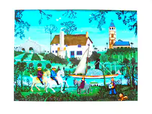 Gorki Bollar - Romantisch uitje langs het water. Naïeve kunst. Prachtig van kleur. verkauft für € 81!