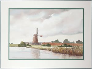 Ger Zaagsma - Aquarel, Papiermolen 'De Schoolmeester' Westzaan - Ingelijst kopen? Bied vanaf 35!