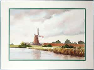 Ger Zaagsma - Aquarel, Papiermolen 'De Schoolmeester' Westzaan - Ingelijst verkocht voor € 35!