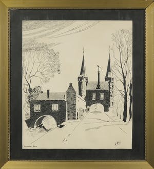 Niet of onleesbaar gesigneerd - Pentekening, De oostpoort te Delft - Ingelijst kopen? Bied vanaf 1!
