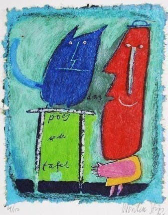 Wouter Stips - Kleurenzeefdruk DAG POES OP DE TAFEL Handgesigneerd verkocht voor € 125!