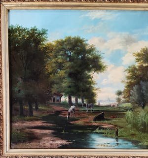 Marinus Adrianus Koekkoek - Landschap met koeien en hengelaar bij een beek kopen? Bied vanaf 850!