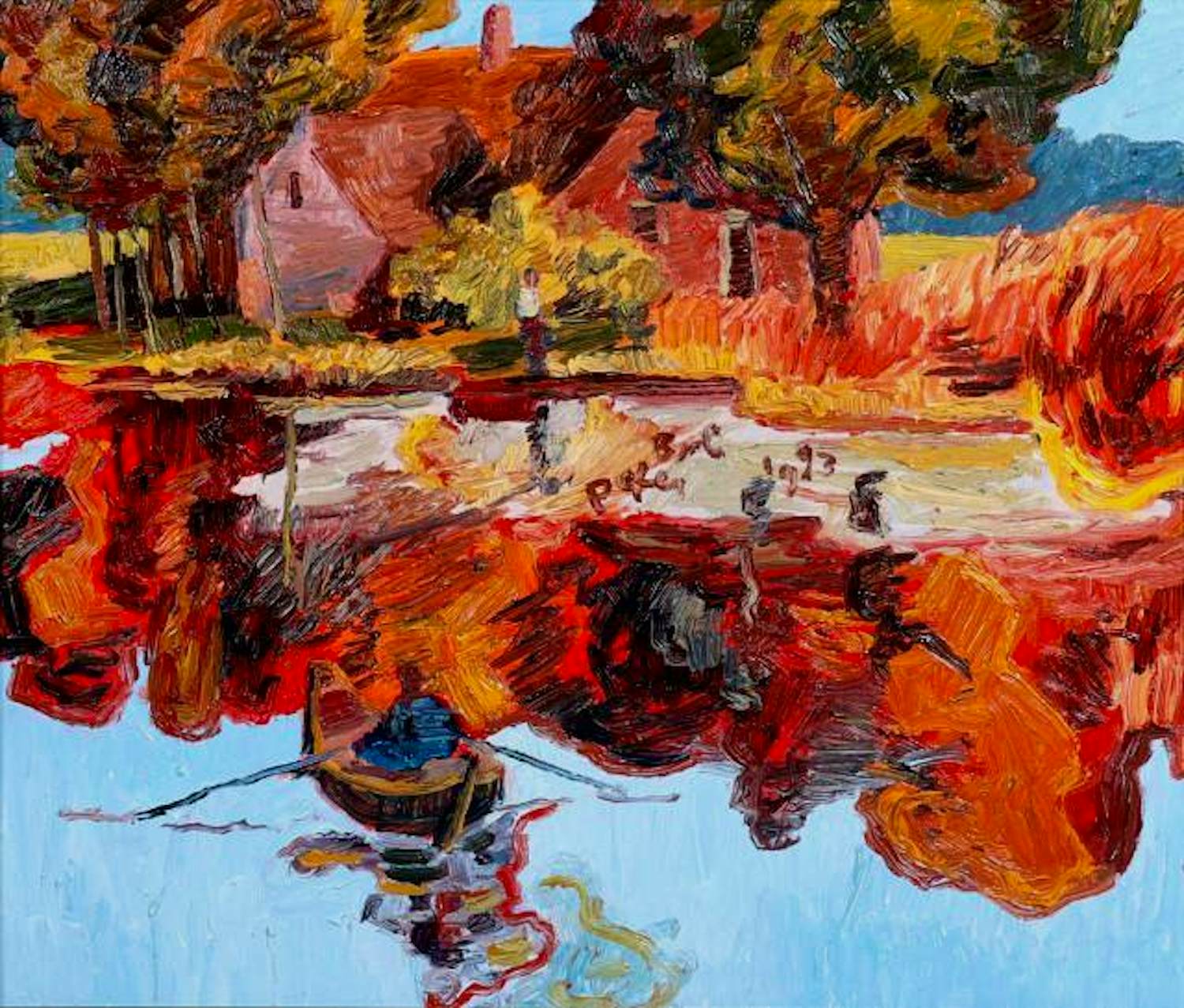 Peter Bol - Olieverf op board: Man in een roeiboot voor een boerderij - 1993 kopen? Bied vanaf 799!