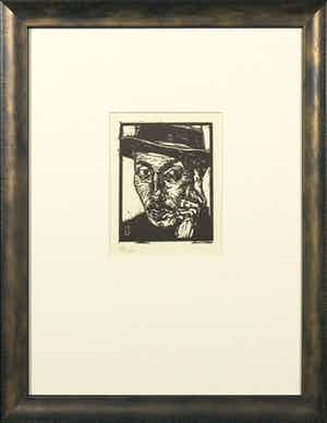Dick Ket - Linoleumsnede, Zelfportret (met hoed en hand) - Ingelijst verkocht voor € 35!