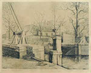 Frans IJserinkhuijsen - Ingelijste ets, “Overtoomse Sluis, Amsterdam” - 1945 verkocht voor € 35!