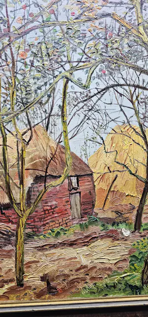 Herman Bieling - Boerderijtjes met hooiklamp en kippen54/70 cm met lijst69/86cm, kopen? Bied vanaf 750!