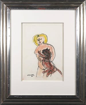 Corneille - Ingelijste pastel- en viltstifttekening, Femme et chat rouge (+ fotocertificaat) kopen? Bied vanaf 1!