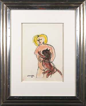 Corneille - Ingelijste pastel- en viltstifttekening, Femme et chat rouge (+ fotocertificaat) verkocht voor € 1!