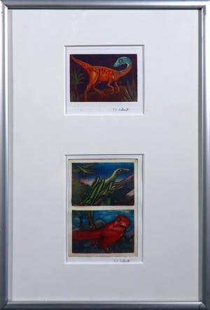 Johannes Simon Scherft - Aquatint, 3 soorten Dinosauriërs - Twee losse werken ingelijst kopen? Bied vanaf 20!