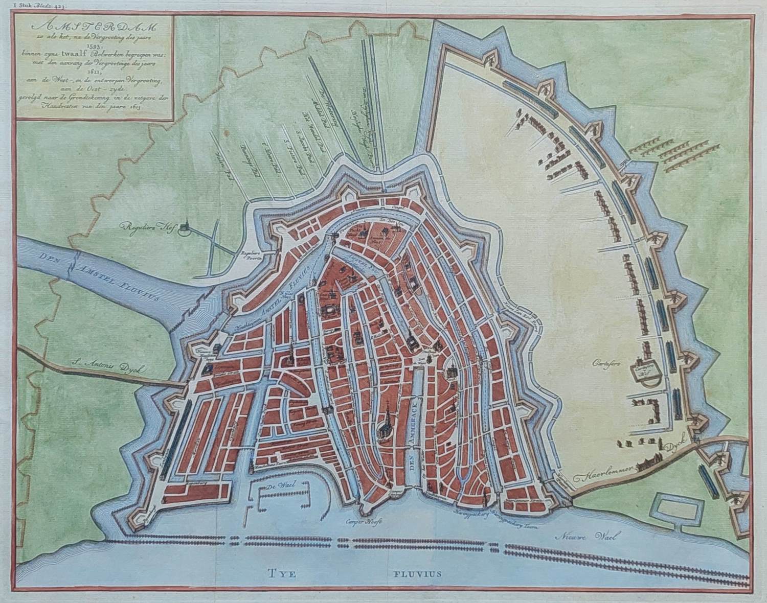 Isaac Tirion - Amsterdam zo als het na de vergrooting des jaars 1593..- Oude Kaart 1760 kopen? Bied vanaf 100!
