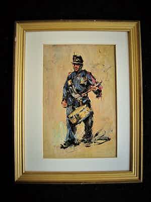 Niet of onleesbaar gesigneerd - Haagse School circa 1900 - impressionist. olieverf "Tamboer Nederlandse Leger" verkocht voor € 10!