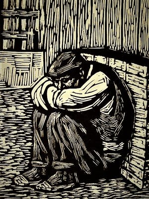 Ricardo Zamorano - Krachtige sociaal-realistische Houtsnede - "wachten op werk" gesigneerd kopen? Bied vanaf 30!