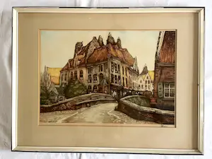 Jef Codron - Belgisch Stadsgezicht - Ets, Ingelijst kopen? Bied vanaf 35!