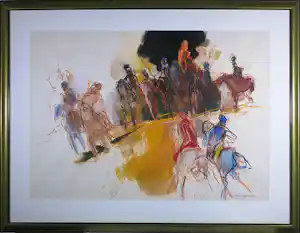 Jan Peter van Opheusden - Groot uniek werk op papier (krijt, verf), Ruiters en paarden - Ingelijst verkauft für € 450!