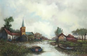 Bernard H. Slotmann - Olieverf op doek, Rivierlandschap - Ingelijst (Groot) kopen? Bied vanaf 50!