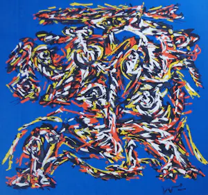AcheterTheo Wolvecamp - COBRA ABSTRACTIE / KLEURZEEFDRUK KATOENZIJDE / 71x70cm / KARTONNEN RUG / 1984? Enchérissez de 25!