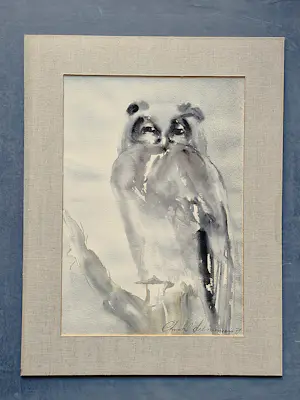 Christel Selmouni - grote in 1997 geschilderde sepia / aquarel op papier "Uil op tak" kopen? Bied vanaf 43!