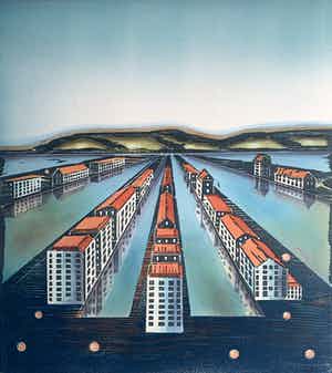 Willem de Vries - Houtsnede | 'Town-centre II' | 1999 verkocht voor € 75!