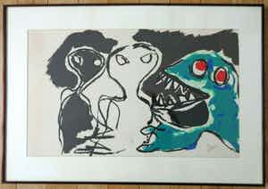 Karel Appel - A BEAST-DRAWN MAN / KLEURLITHO / 69x99cm / KADER / SIG verkocht voor € 500!