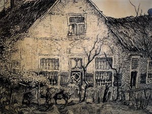 Toon de Jong - Fraaie droge naald Ets "Het oudste huis van Laren" gesigneerd - in antieke lijst kopen? Bied vanaf 10!