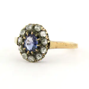 14k gouden ring met saffier en roos geslepen diamant 0.20 ct ringmaat 15.75(49) kopen? Bied vanaf 285!