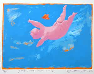 Wouter Stips - Zeefdruk, Vrije val met hoed verkocht voor € 1!