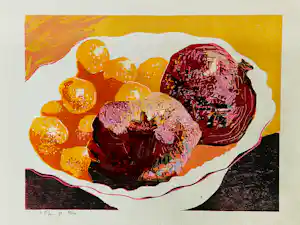Vincent van Ojen - Fraaie kleuren -houtsnede, Schaal met fruit - Gelderse grafiekmap 1992 vendu pour 69€ !