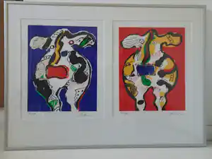 Peter Diem - Zeefdruk Koe in rood en blauw verkocht voor € 65!