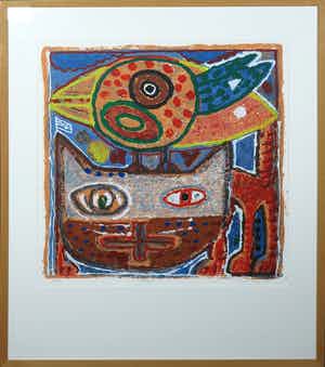 Onno de Graaf - Zeefdruk, Katvogel - Ingelijst verkocht voor € 35!