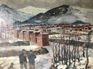 Dora Brandenburg-Polster - Het stapelen van de turf in winter, Olieverf op Doek, Ingelijst - Groot werk! kopen? Bied vanaf 299!