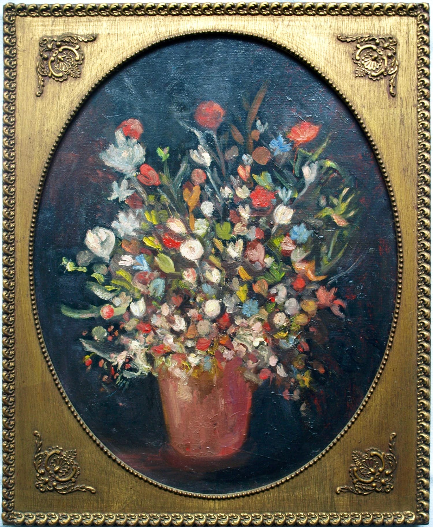Niet of onleesbaar gesigneerd - Ovaal ingelijst , Olieverf op doek , Bloemstilleven – ca. 1950 kopen? Bied vanaf 1!