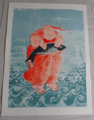 Ada Breedveld - Zeefdruk. Titel, " Vrouw met vis ". kopen? Bied vanaf 50!