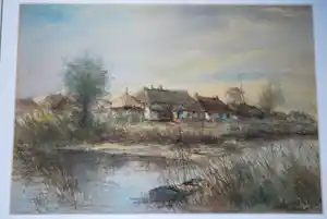 Theodorus van Oorschot - dorpje langs een vaart - aquarel vendu pour 100€ !