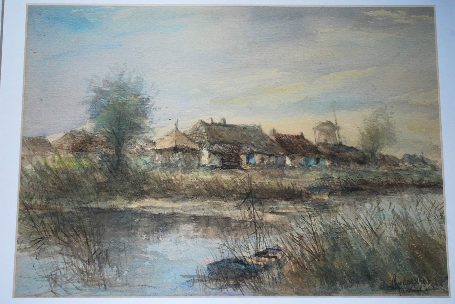 Theodorus van Oorschot - dorpje langs een vaart - aquarel kopen? Bied vanaf 100!