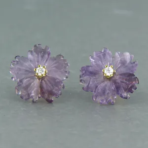 18k geel gouden oorknoppen met amethist en diamant 0.08 ct - F/G - VS/SI kopen? Bied vanaf 175!