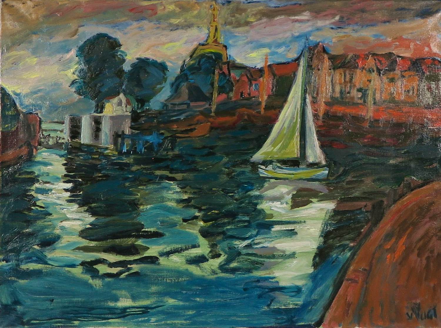 Huib van Vugt - Olieverf op doek, Zeilboot op het water verkocht voor € 50!