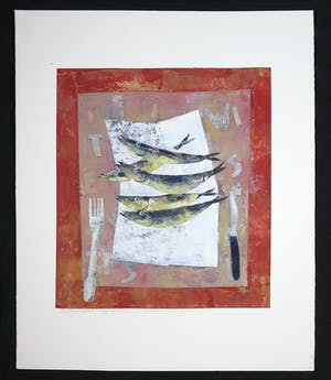 Betty Scheer - Linosnede, Vijf vissen kopen? Bied vanaf 35!