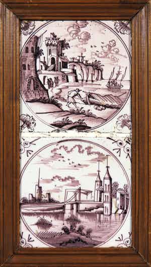 Niet of onleesbaar gesigneerd - Aardewerk, Twee ingelijste 18e eeuwse tegels verkocht voor € 1!