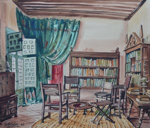 Niet of onleesbaar gesigneerd - Aquarel - Casa Lope de Vega, La tertulia en el estudio - Gesigneerd - 1961 kopen? Bied vanaf 1!