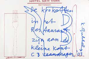 Klaas Gubbels - Stifttekening en gedicht van C.B. Vaandrager op placemat van Hotel New York verkocht voor € 100!