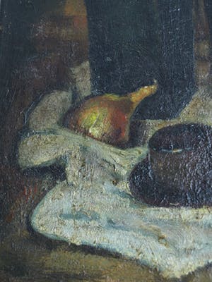 Niet of onleesbaar gesigneerd - Olieverf op doek, Stilleven met uien en flessen – gesigneerd kopen? Bied vanaf 10!